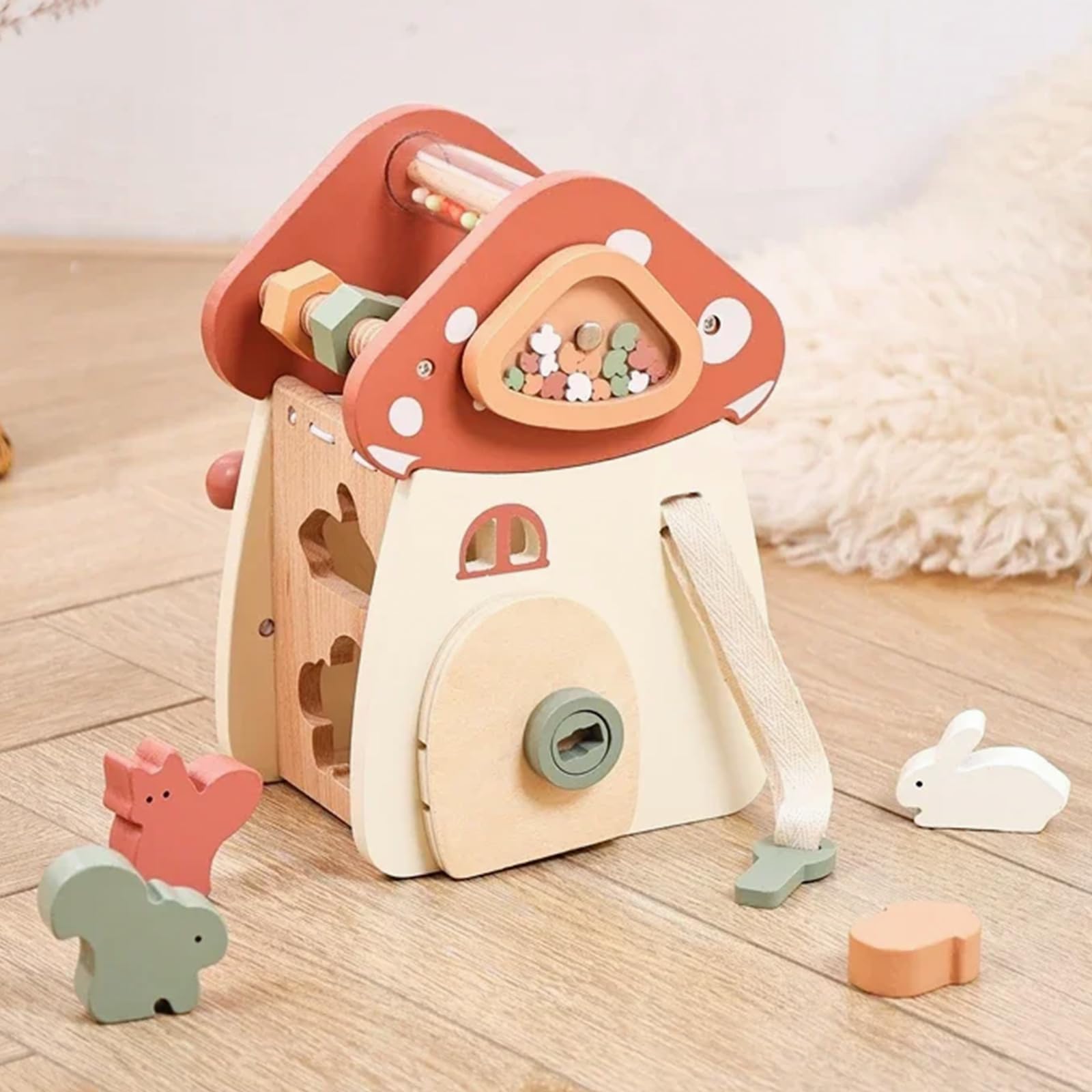 Cubo di attività in legno, classificatore di forme Montessori e giocattolo dell'Arca di Noè, centro di apprendimento musicale multisensoriale con manopole a fungo ed elementi a percussione