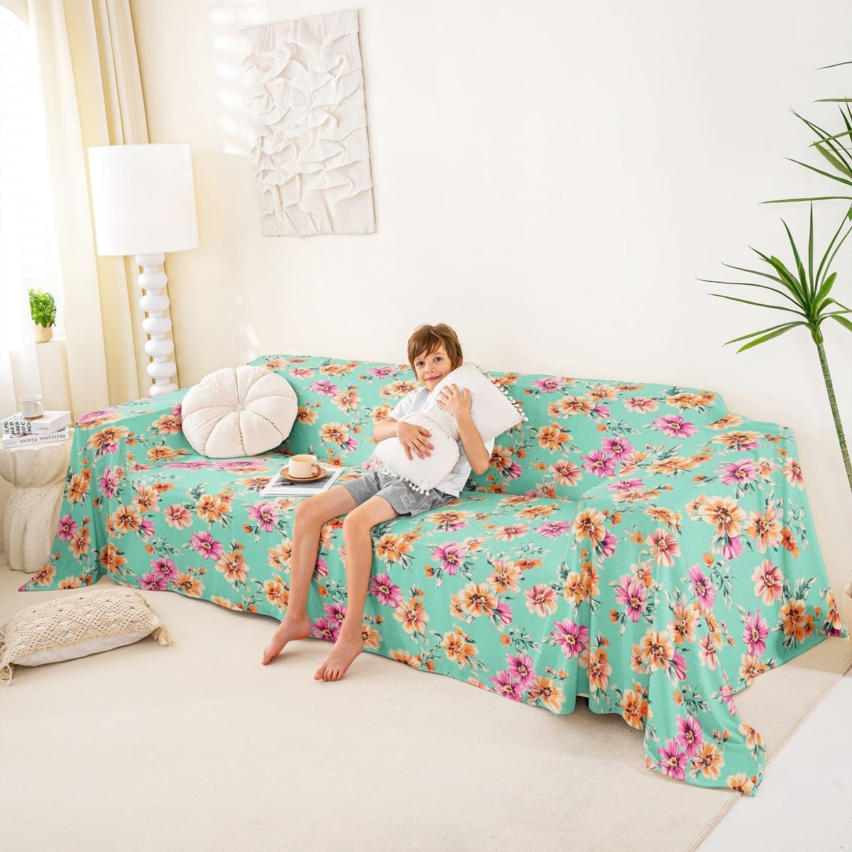 Erosebridal Vintage Flower Couch Cover, Vibrant Floral Sofa Slipcover for Couches and Sofas, Garden Flowers Washable Sofa Cover, Natural Theme Farmhouse Couch Protector, 71" x 118", Green