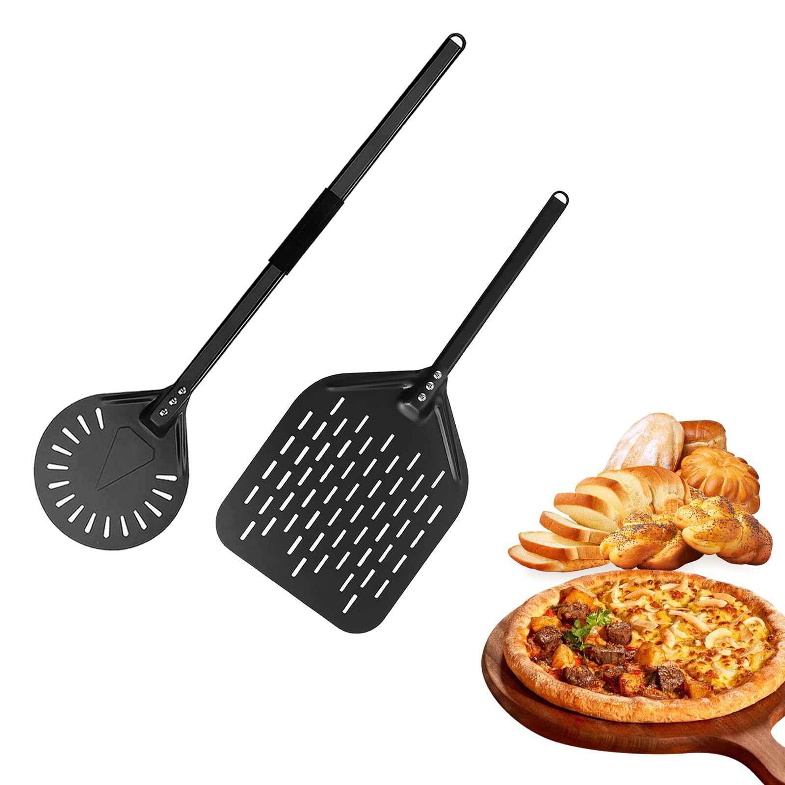 Set Pelle e Spatola per Pizza, 12 Pollici Rotonda (Manico 80 cm) + 8 Pollici Quadrata (Manico 40 cm), con Foro per Stoccaggio e Manico Antiscivolo, Ideale per Pizza e Pane