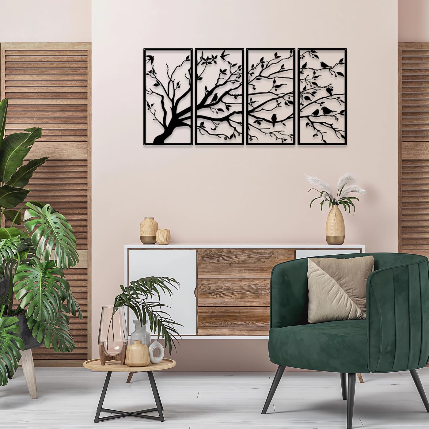 Luccyle Albero in metallo della vita 4 pannelli segno dell'albero arte murale decorazione murale decorazione d'interni regalo per la casa (23.6in*11.8in)