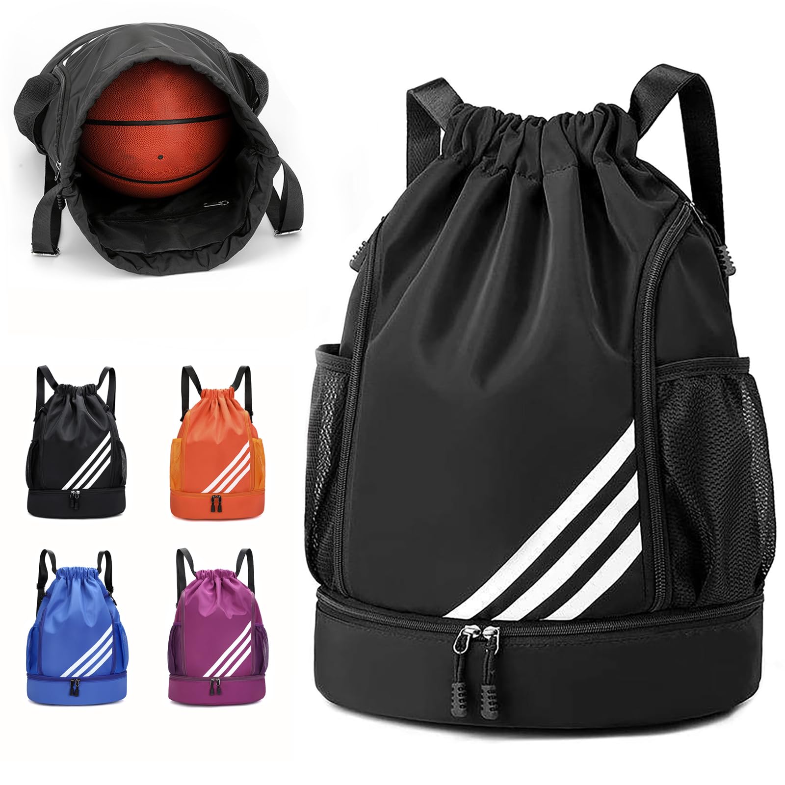 Geebymol Large Waterproof Drawstring Bags Sports Backpack for Kids Adults, Unisex, Swim PE Bag Gym Bag with Shoe Bag, Black, 47x32x16 cm
