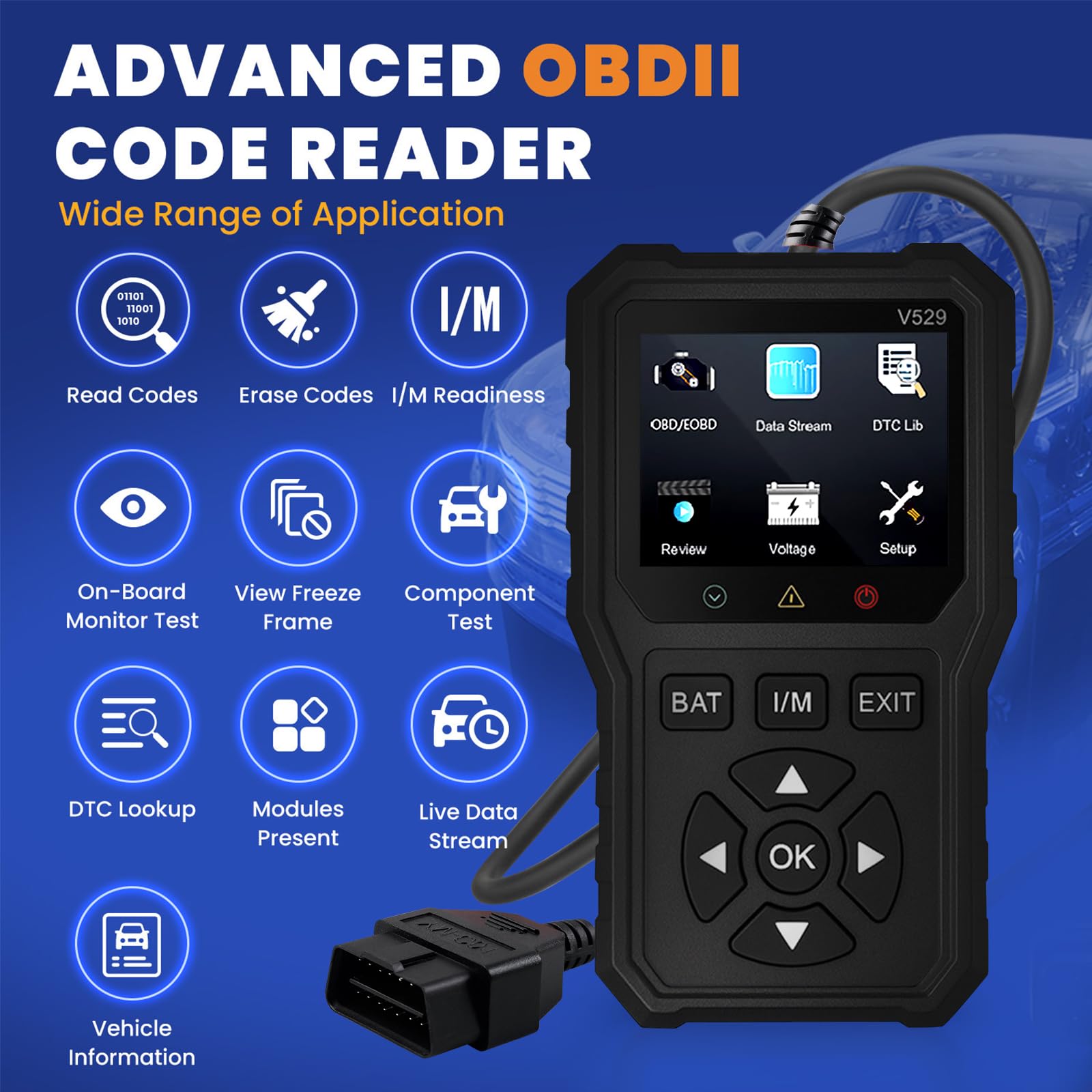 V529 OBD2 profesjonalne urządzenie diagnostyczne do samochodu, z czytnikiem kodów błędów, OBD do wszystkich pojazdów, urządzenie diagnostyczne z wyświetlaczem danych na żywo i resetem silnika
