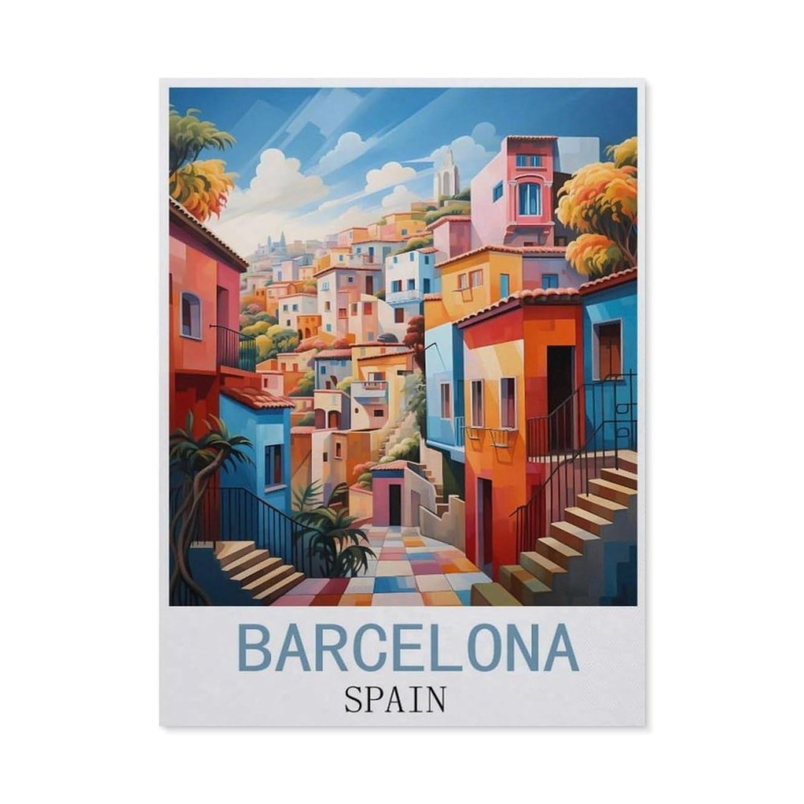 BEAYODKP 5D DIY Full Round Drill Diamond Painting，Barcelona Spain Vintage Travel Poster，Embroidery Full Round Diamond Cross Stitch Rhinestone Mosaic Decor Gift（50 x 60 cm/19.68 x 23.62 inches）-CP37