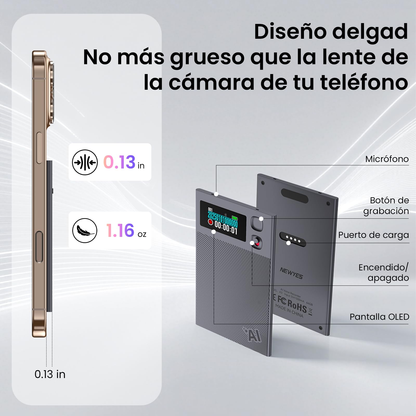 Grabadora de voz NEWYES Ailog IA con aplicación dedicada,transcripción y resumen,traducción a más de 188 idiomas, 64 GB de memoria para reuniones,conferencias, llamadas,negocios y clases