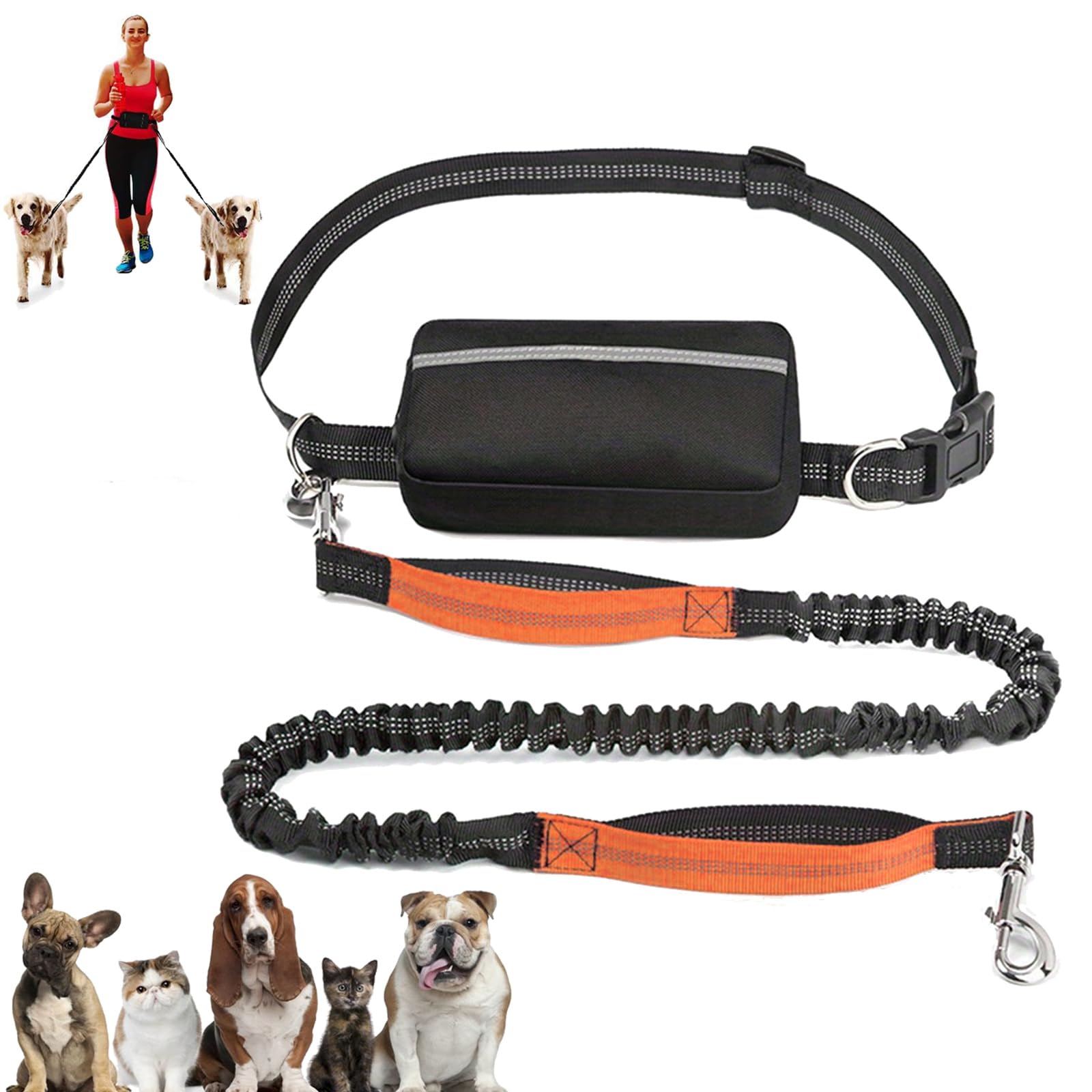 Upliftjoys Dog Leash, Upliftjoys Hands Free Dog Leash with Zipper Pouch, Dual Padded Handles Waist Leashes for 𝐃𝐨𝐠𝐬 Walking, Retractable Dogs Leashes for Small＆Large Dogs (Orange,Single Cord)