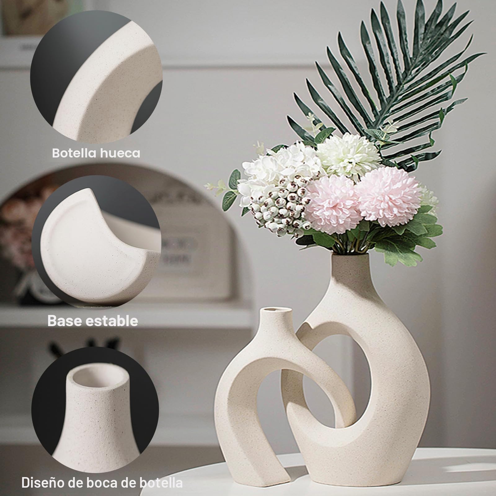 Juego de 2 jarrones Huecos de cerámica, florero Decorativo Interior Beige Moderno para decoración nórdica, floreros Redondos Bohemios estéticos para el hogar, Granja, Mesa de café (XL Beige)