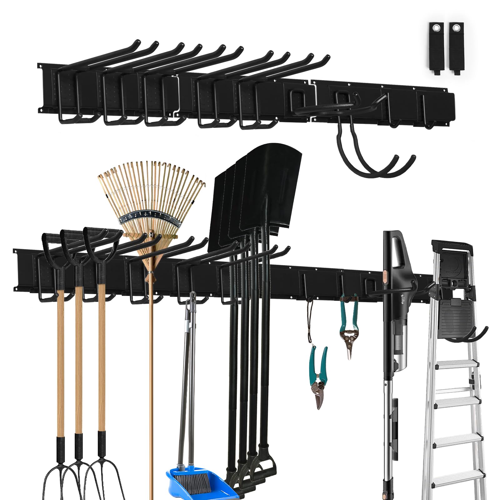 SDLDEER Garden Tool Rack, 48 inch Wall Mount Tool Organizer Garden Tool Storage with 9 Hooks with 2 Straps, for Holds Garden Tools, Shovels, Broom, Rakes, Ropes, Hoses