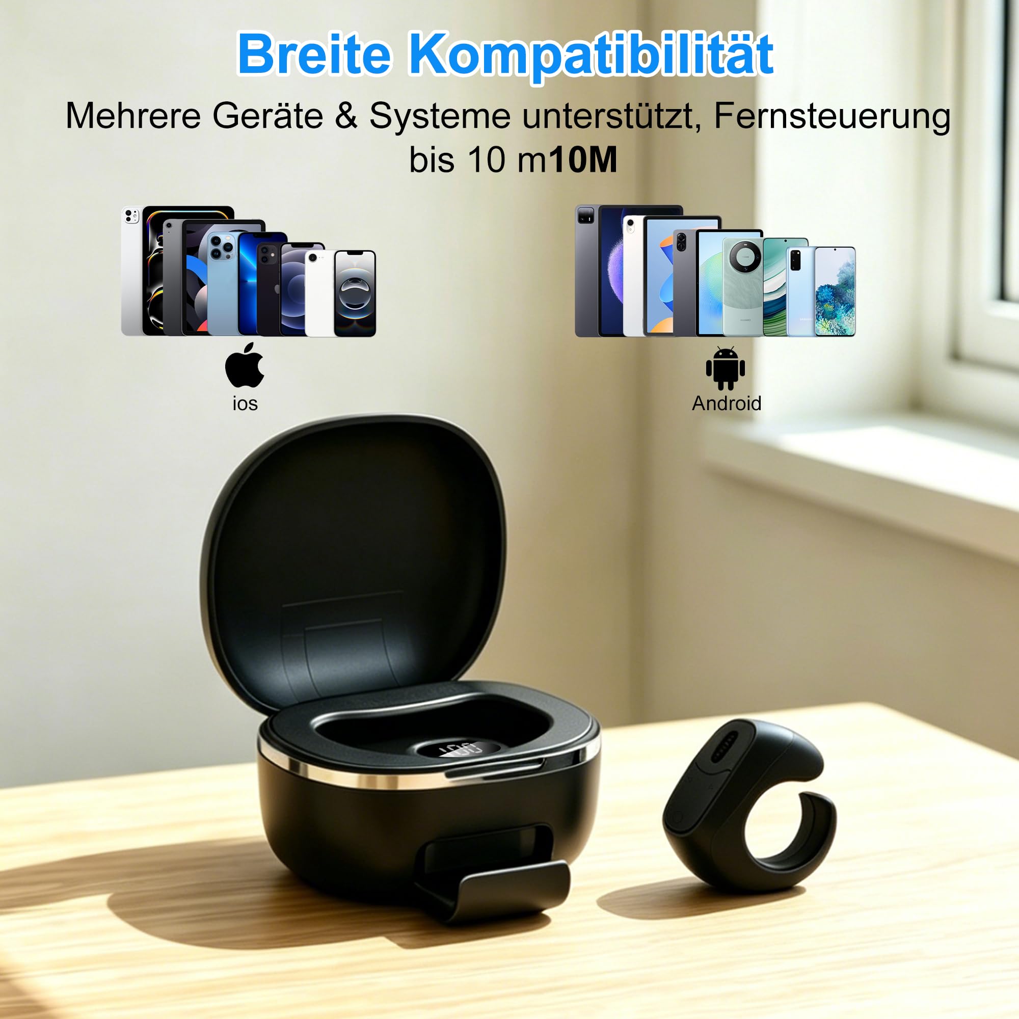 Kabellose Bluetooth-Fernbedienung, TikTok-Scrolling Ring Wiederaufladbarer mit Ladehülle, Remote Kurzvideo, Kamera Auslöser, E-Book PPT Seitenwender, für Smartphone Tablet Zuhause Reisen Büro-Schwarz