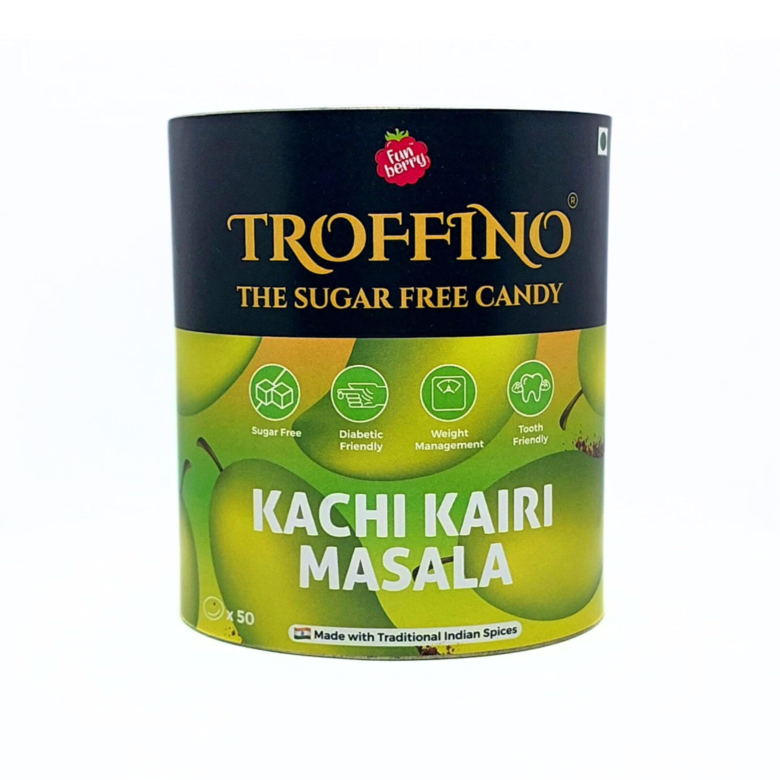 TROFFINO Kachi Kairi Sugar Free Candy, Indian Spices Flavours with Delicious Taste, Mouth Watering Candies, Gluten-Free - Pack of 1 (50 Candies)