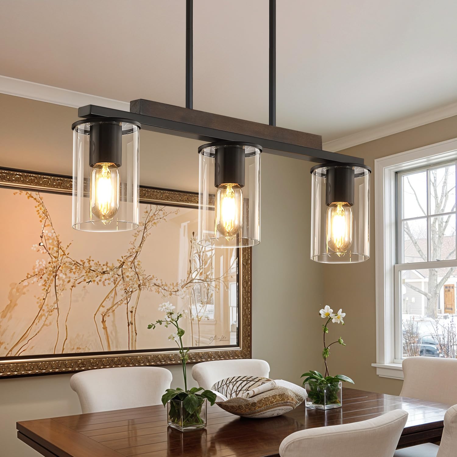 Mecgirn Farmhouse Dining Room Light Fixtures Over Table, Black Pendant Lights for Kitchen Island, 3 Light Linear Chandelier Lighting with Wood