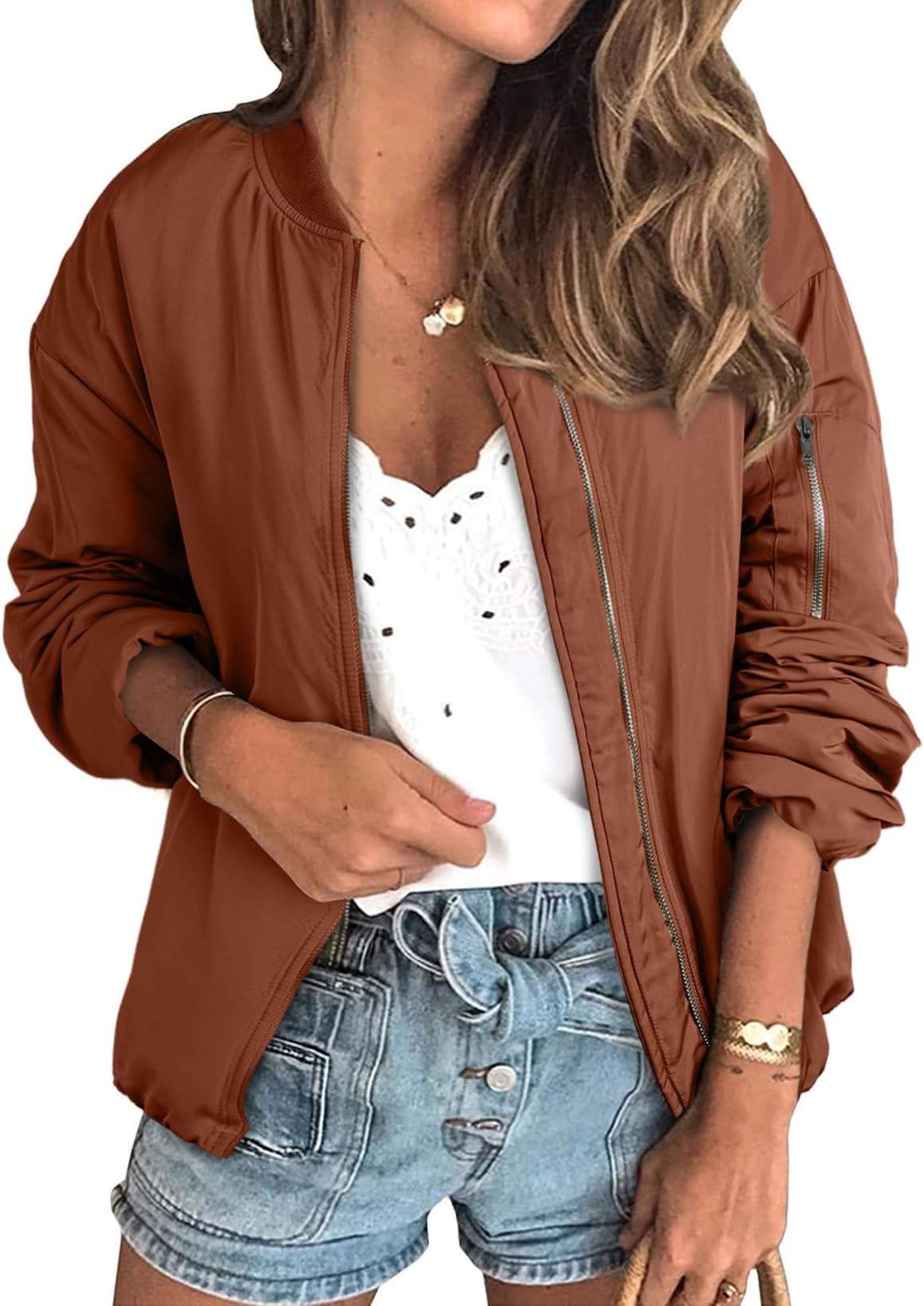 EVALESS Oversized Down Jackets for Women Trendy 2024 Winter Outfits for Women Dressy Casual Cute Bomber Jackets Long Sleeve Stand Collar Zip Up Fall Jacket Teachers Clothes with Pocket，Brown XX-Large