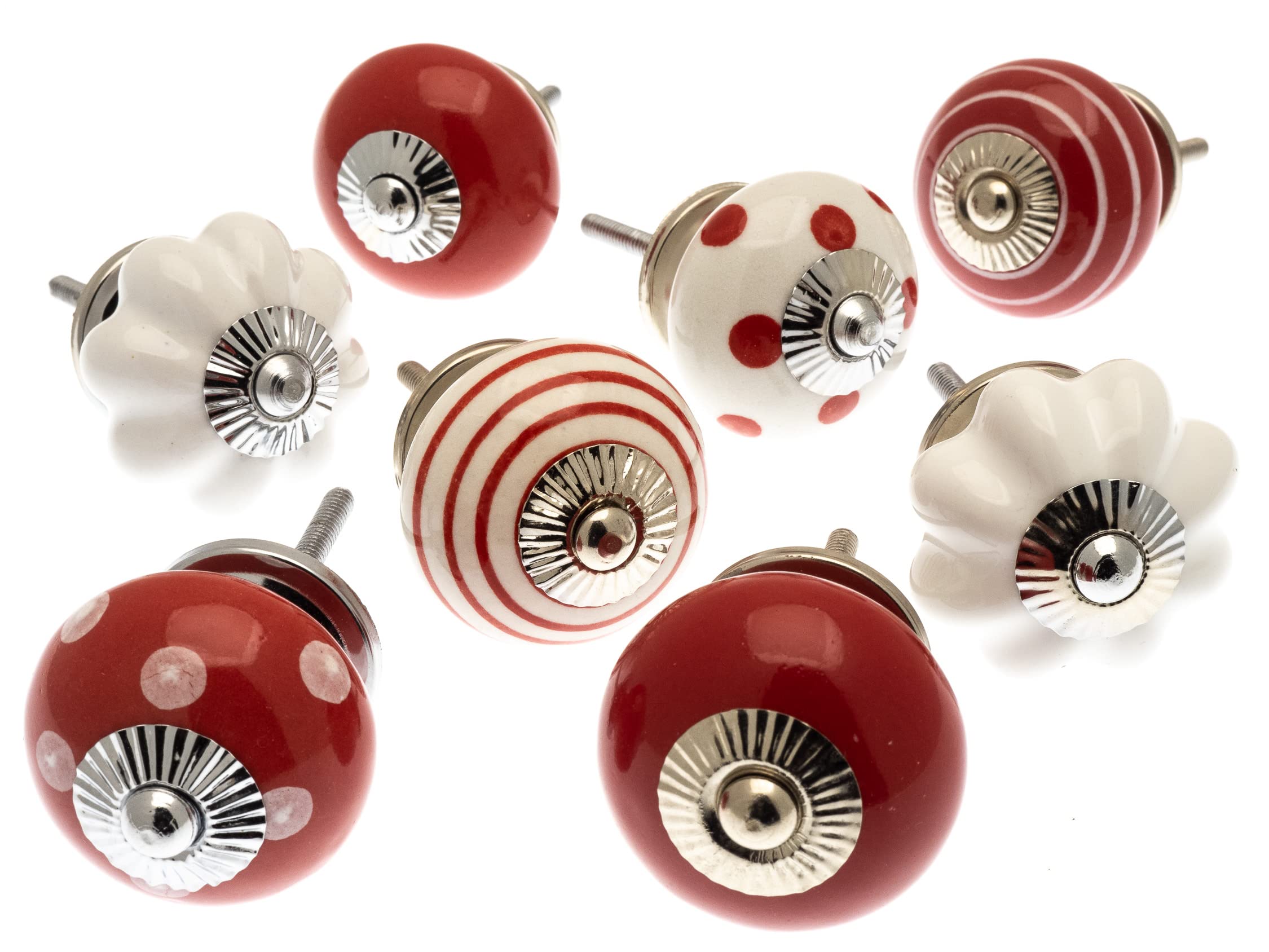 Mango Tree Cupboard Knobs – Decorative Red and White Ceramic Door and Drawer Handles – Vintage Home Décor Set of 8