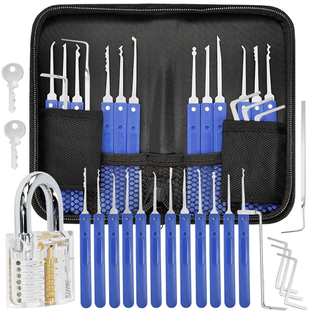 Vunanvu 17 Stück Lockpicking Set Profi Dietrich mit 12 Picks, 5 Drehmomentschlüssel, Transparentem übungsschloss Schlossknacker zum Öffnen Werkzeug Schloss Knacken Schlagschlüssel für Alle Schlösser Baumarkt