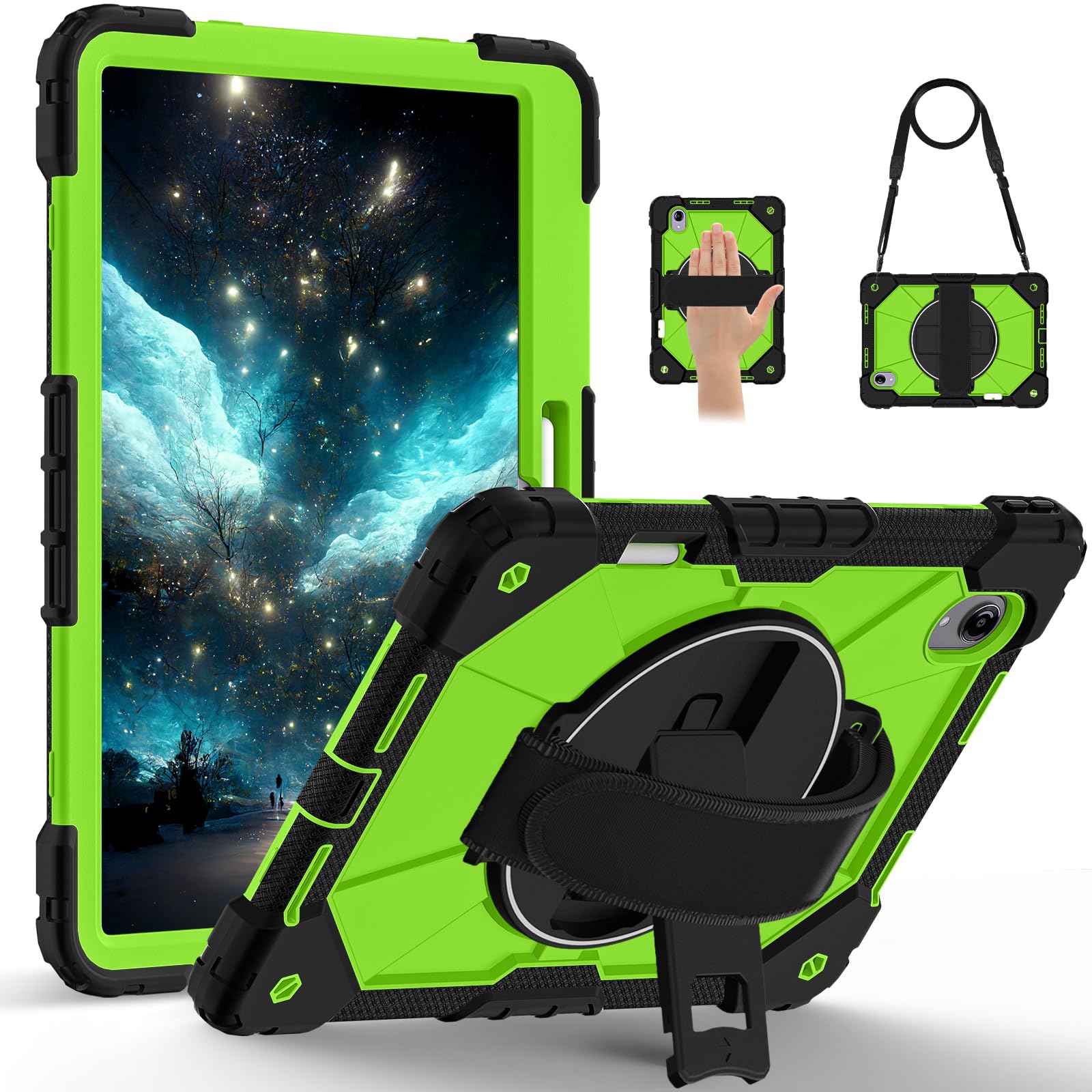 Custodia protettiva per tablet Lenovo Idea Tab Pro Gen 2 (TB390) da 13 pollici, antiurto, con supporto e portamatite, custodia ibrida con tracolla e cinghie da polso (nero + giallo verde)