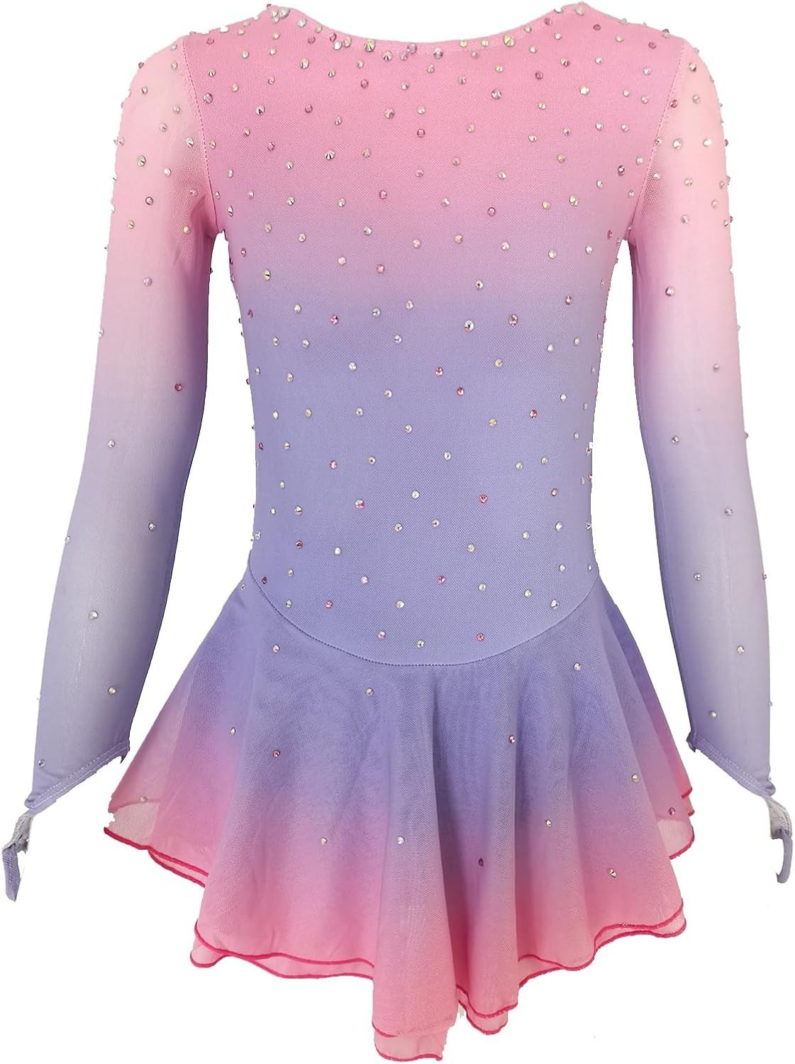 purpleq Figure Skating Dress for Competition and Practice Women Long Sleeves Rhinestones Girls Gradient Gymnastics Leotard,Pink,3XL