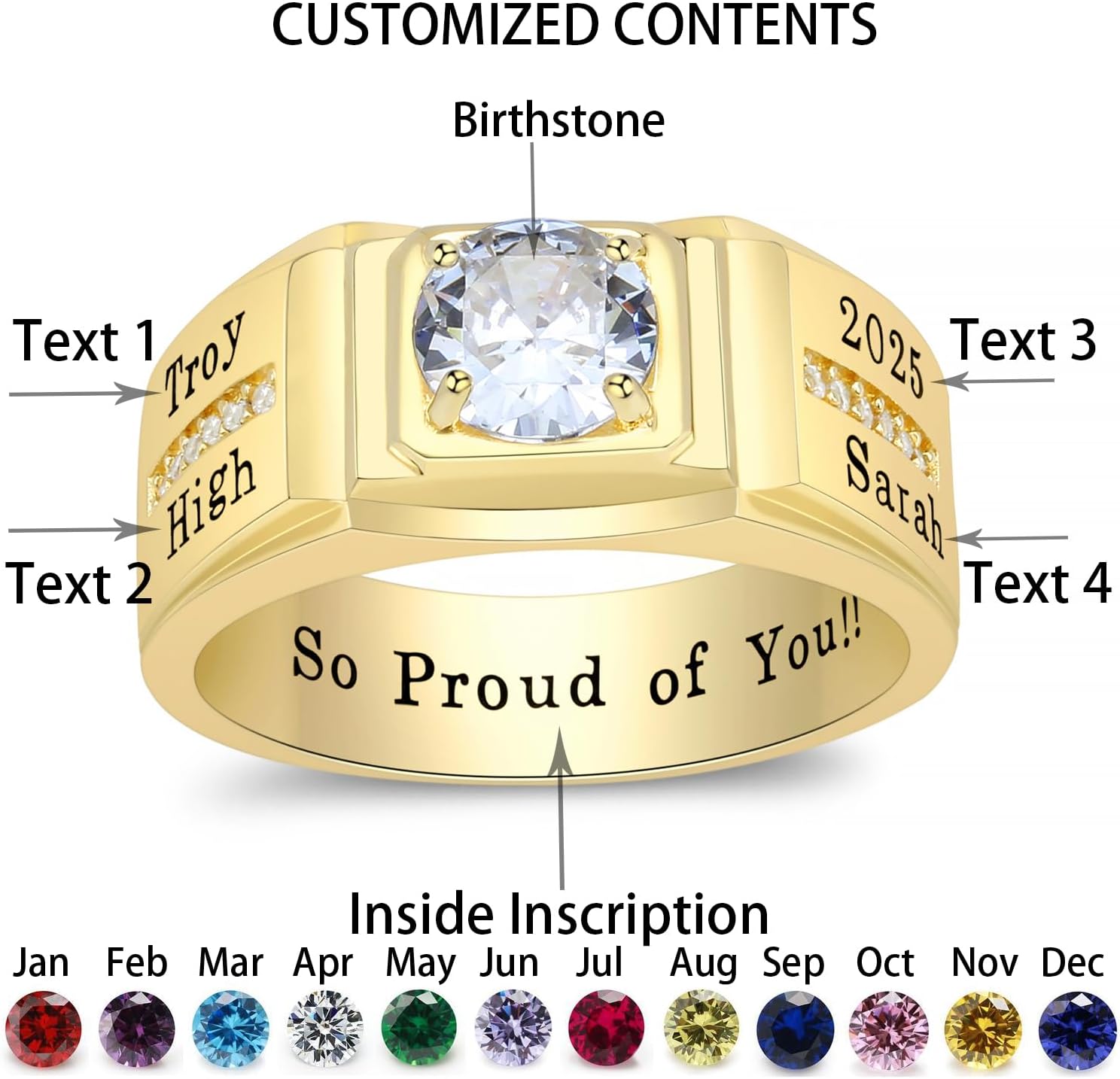 Custom Class Rings Fully Personalized Class Rings for Men Birthstone Men's Sterling Silver Rings Graduation Rings Class Rings for Men High School Size 5-15 Men's High School Class Rings