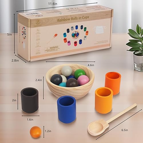 Miniatura 5 de WOODENFUN Bolas de arco iris en tazas Montessori Juguetes para niños de 1 año en adelante, juegos de madera a juego para niños preescolares para