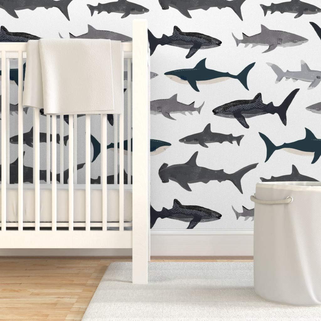 Peel & Stick Wallpaper 3ft x 2ft - Extra Large Shark Nautical Boys White Kids Ocean Sea Tiger Hammerhead Custom Removable Wallpaper by Spoonflower