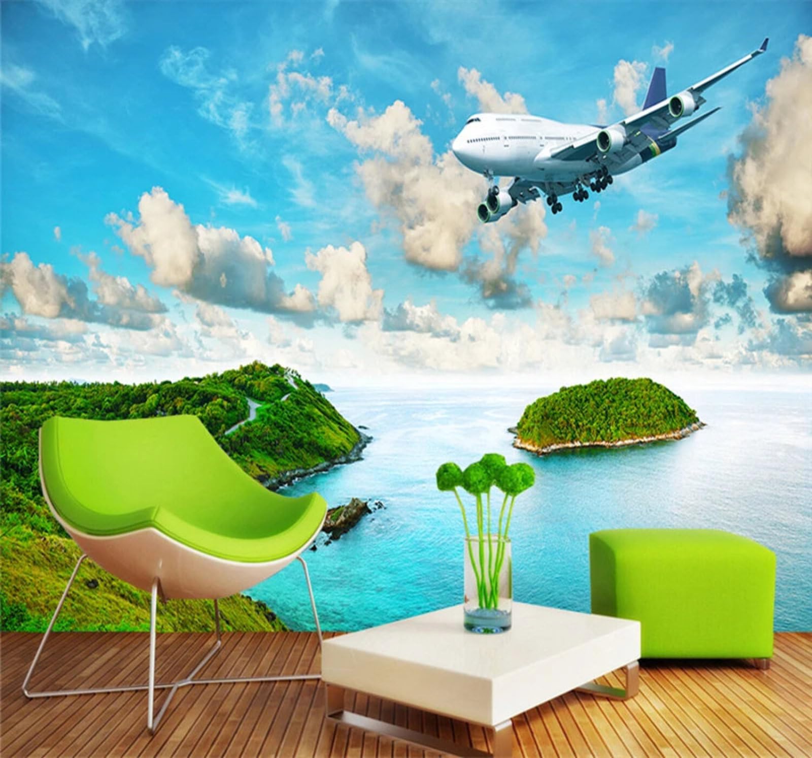 Wallpaper-3D-Xlm 400Cm×280Cm(B×H) Fresh Blue Sky Sea Aeroplane Small Island Scenery 3D Wallpaper Easy Install Feature Office Living Room Sofa Bedroom Tv Background Wall Decoration-400Cm×280Cm