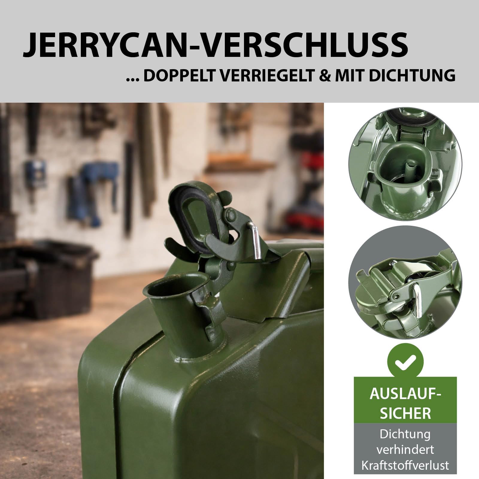 Kraftstoffkanister Metallkanister 20 Liter UN-Zulassung Olivgrün mit Ausgießer Entlüftung Sieb 0,8mm Stahl