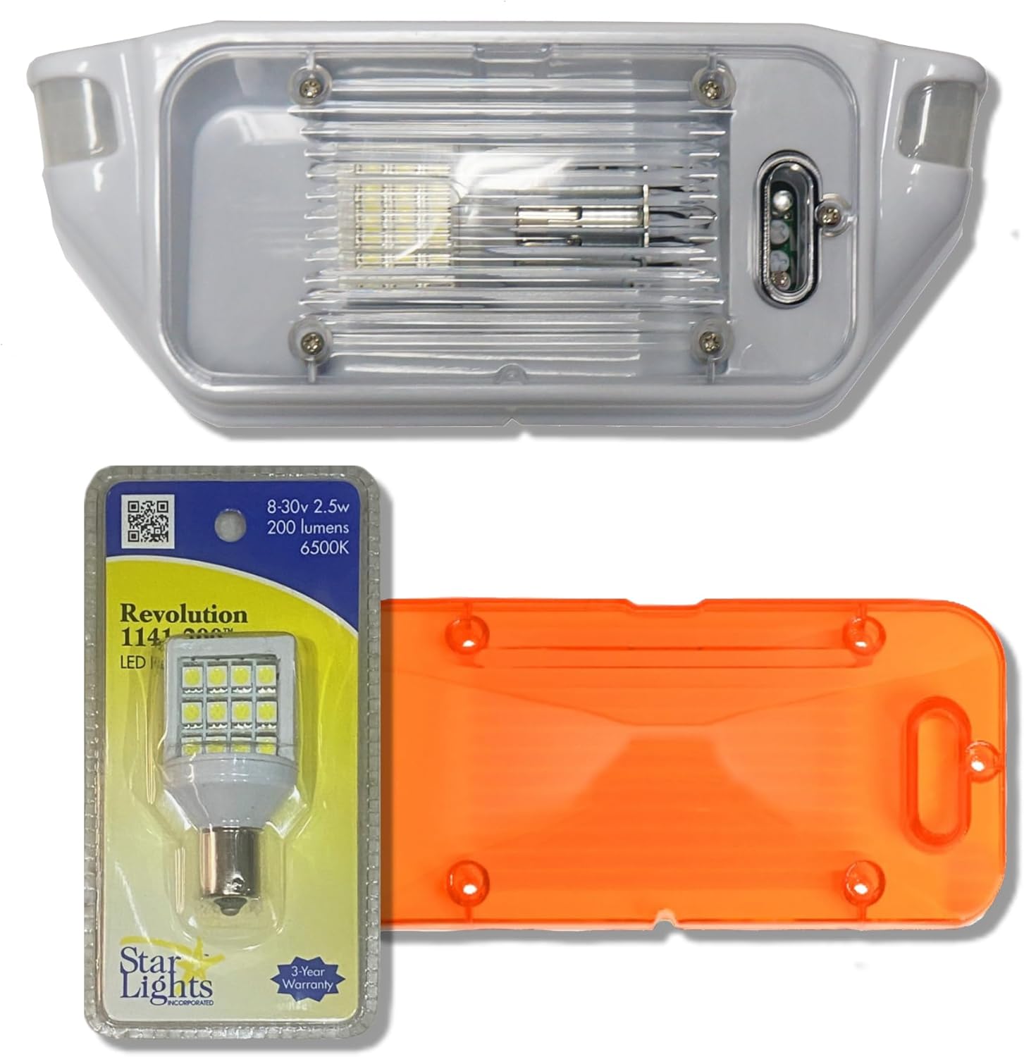 Starlights SL1000 with The Standard REV-200 Bulb, RV 12-Volt Exterior Dual Sensor Exterior Motion Light. The SL1000 is White in Color