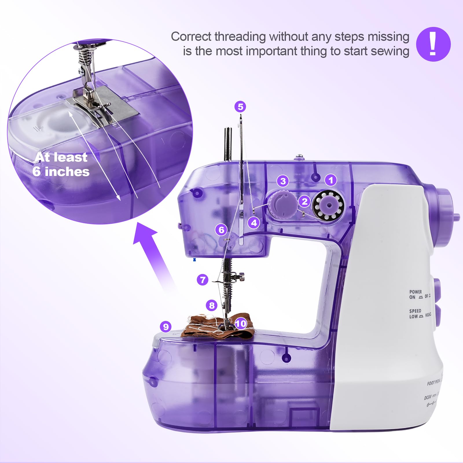 717 Mini máquina de coser para principiantes con video tutorial, máquina de coser eléctrica completa automática para niños con pedal y kit de costura de 26 piezas, 2 velocidades (morado)