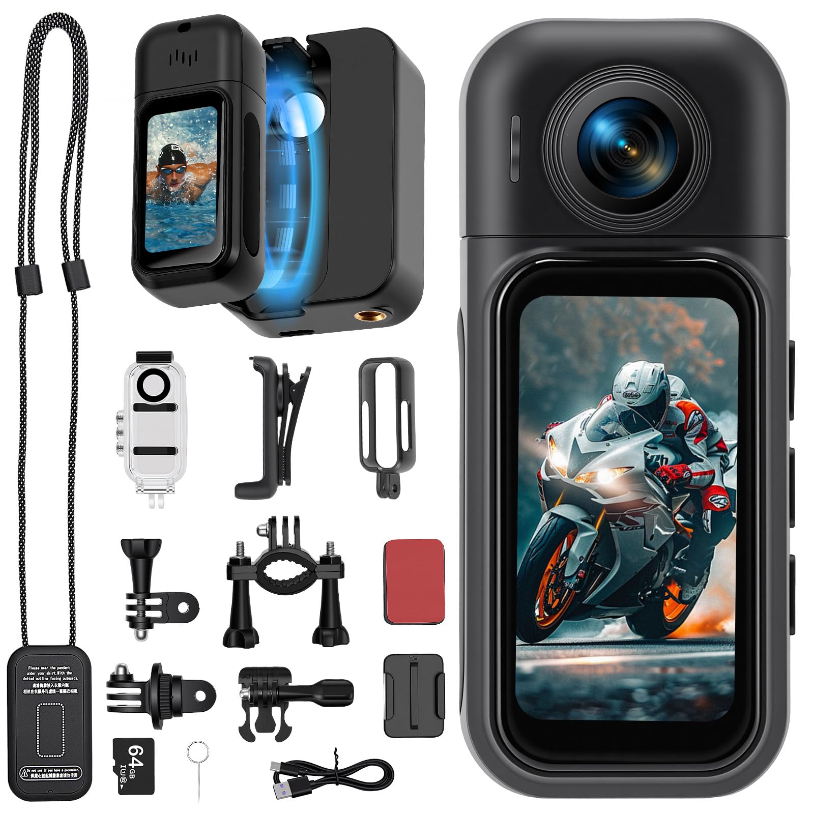 Mini Action Cam WiFi 1080P, 360°, 64 GB, fotocamera sportiva HD con obiettivo girevole a 180°, touch screen, POV a mani libere, fotocamera subacquea impermeabile fino a 30 m, fotocamera per casco e