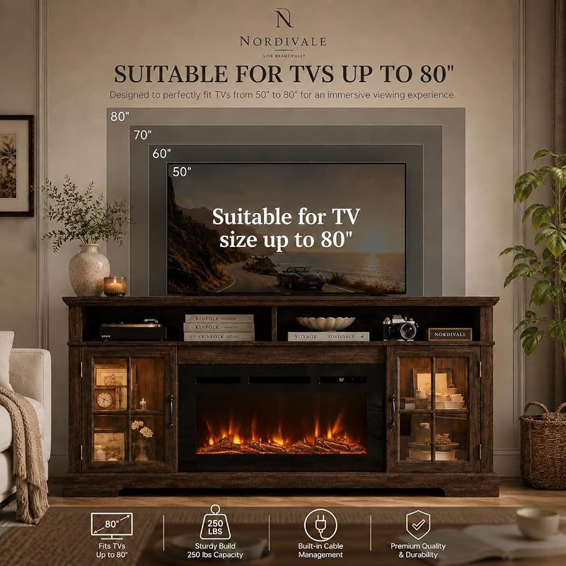 70" Fireplace TV Stand, Modern Entertainment Center for TVs Up to 80”, TV Console with Storage Cabinets, Media Console for Living Room, Brown TV Stand and Black Fireplace image 5