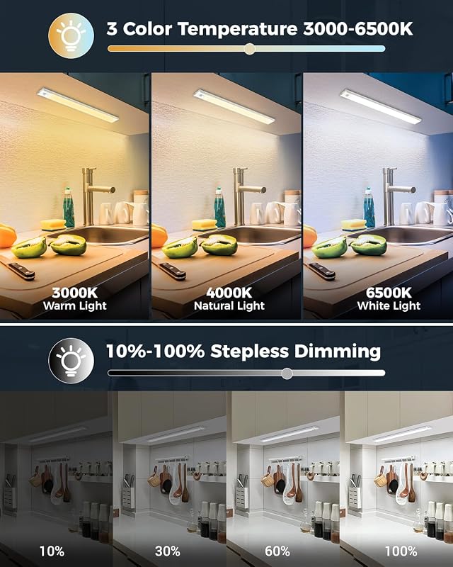 libtit 23cm LED Szekrény Világítás Mozgásérzékelővel - Dimmer Funkcióval 3000K-6500K Színhőmérséklet Akkumulátoros Konyhai Bútor Lámpa