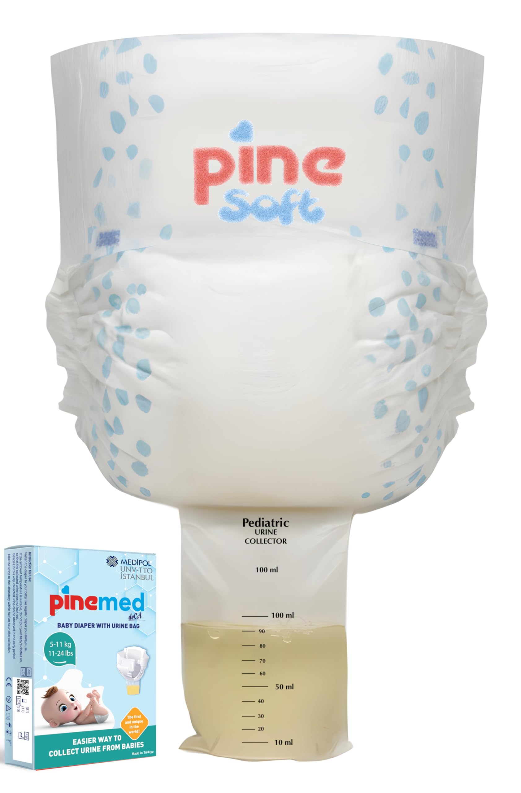 Urine Bag for Babies 5-11kg | Pediatric Urine Container with Sterile Pouch | PINEMED Disposable Diaper Kit | Urine Collection Tube Sample System | Infant Toddler Test Collector 2 Nappies Inside Pack
