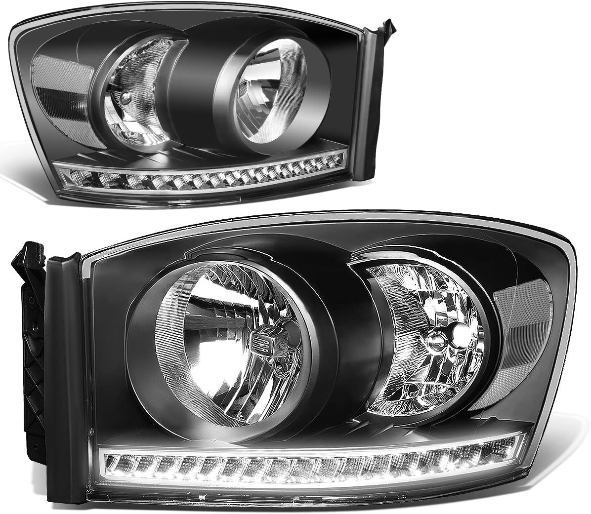 DNA MOTORING HL-LED-RM06-BK-AM Pair LED DRL Front Bumper Headlight Lamp Set Compatible with 06-08 Dodge Ram 1500/06-09 Dodge Ram 2500 3500, Black/Amber