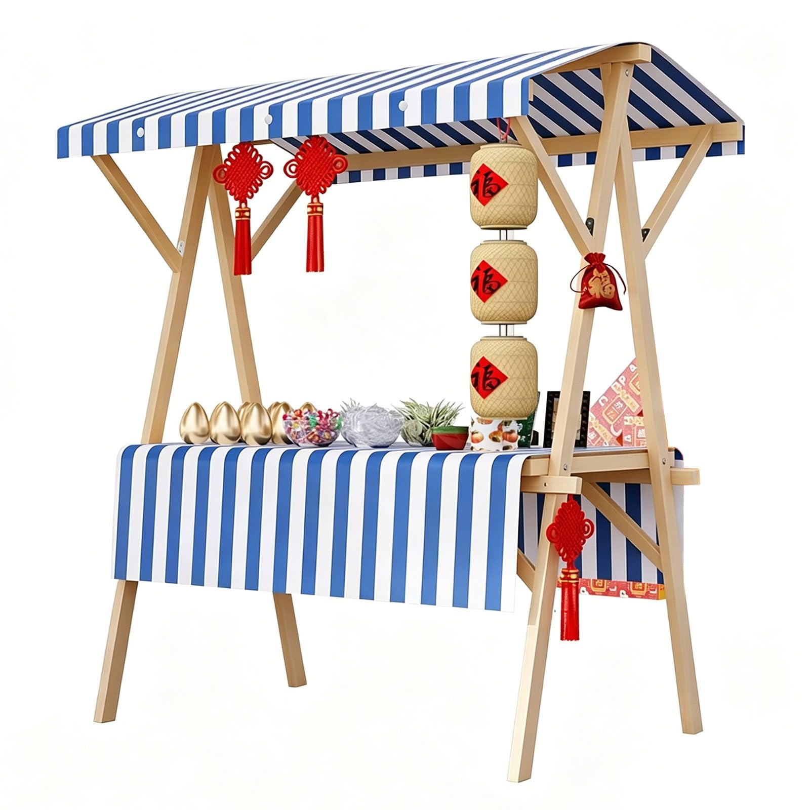 Wooden Market Stall Stand with Canopy, Foldable Vendor Cart Table for Farmers Market, Display Tent for Outdoor Events(Blue,160cm/63in)