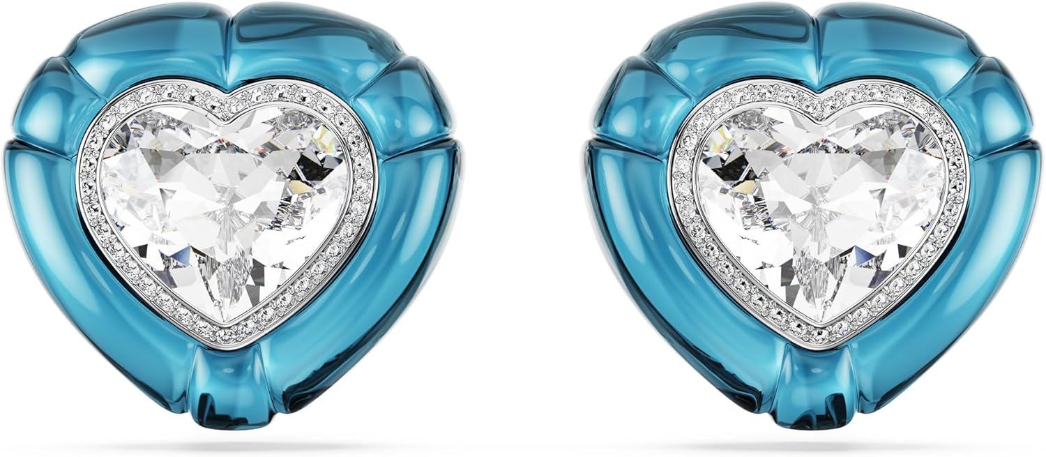 Swarovski Dulcis clip earrings, Heart cut, Pavé, Heart, Blue, Rhodium finish