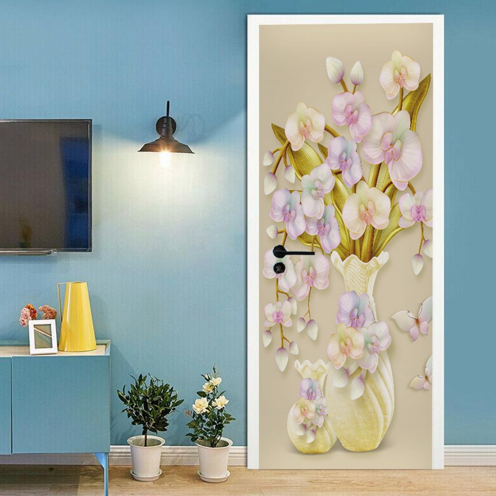 A.Monamour 3D Door Stickers for Interior Doors Phalaenopsis Flowers in A Vase Vinyl Waterproof Self Adhesive Door Mural Decals for Bedroom Office Bathroom 90x200cm