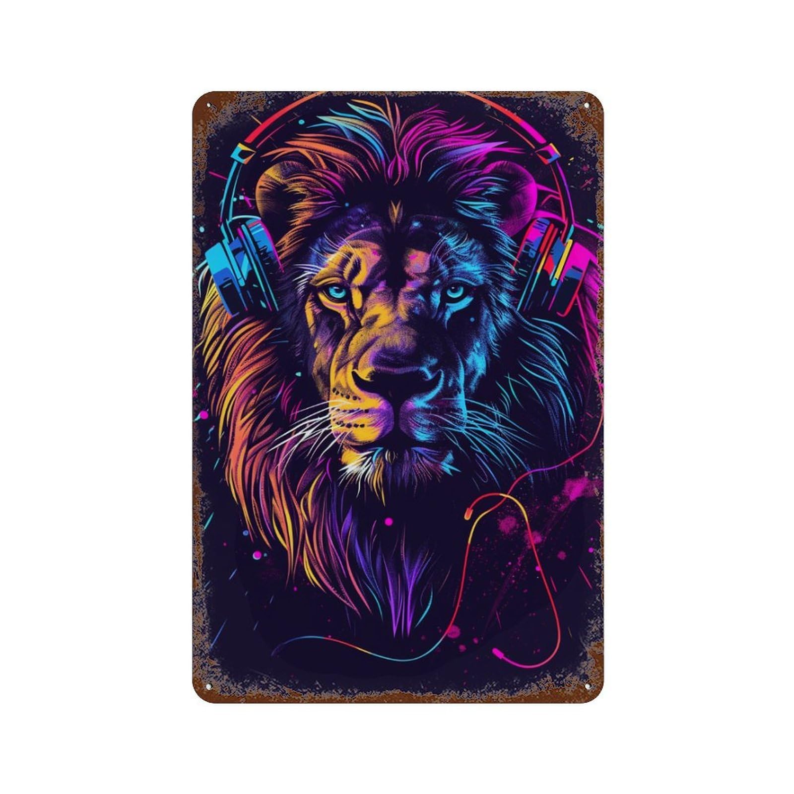Rust Effect Vibrant Lion Headphones Art Print -1 Aged Metal Wall Plaque 11.8"x7.9", Shabby Chic Decor for Living Room, Hallway And Home Decor