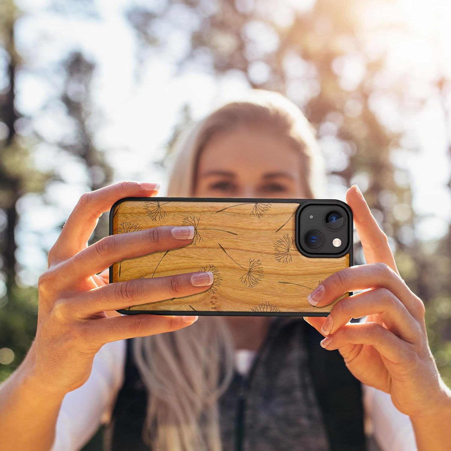 Carveit Magnetic Wood Case for iPhone 14 Plus - Natural Wood & Black Soft TPU - Shockproof Protective Cover - Unique & Classy Wooden Case - Compatible with MagSafe (Dandelion Whispers -Cherry)