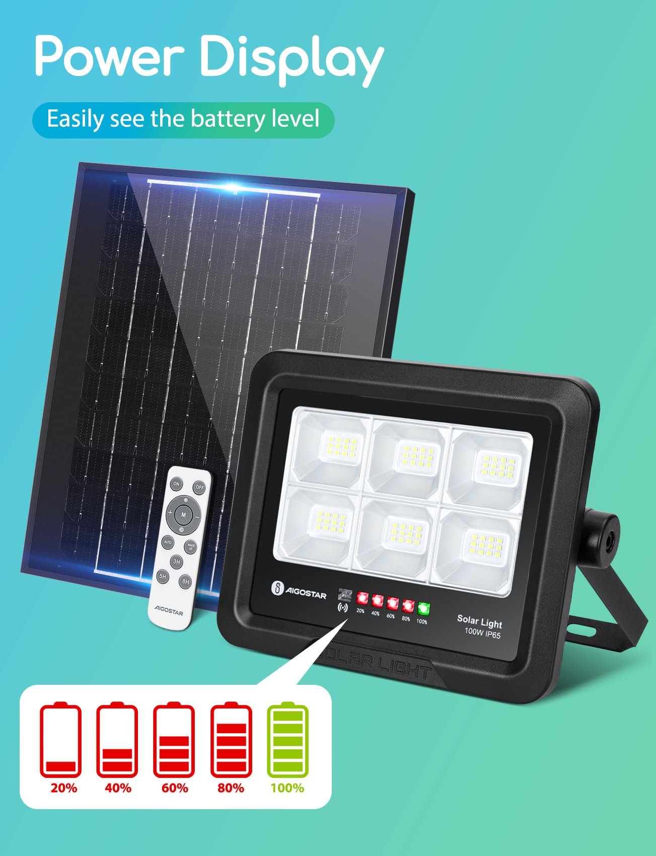 Aigostar Foco Proyector LED Solar con mando a distancia 100w, Blanco Frío 6500K, Foco Solar Exterior Impermeable IP65,Proyector LED Exterior con Indicación del nivel de batería para Jardín,Garaje