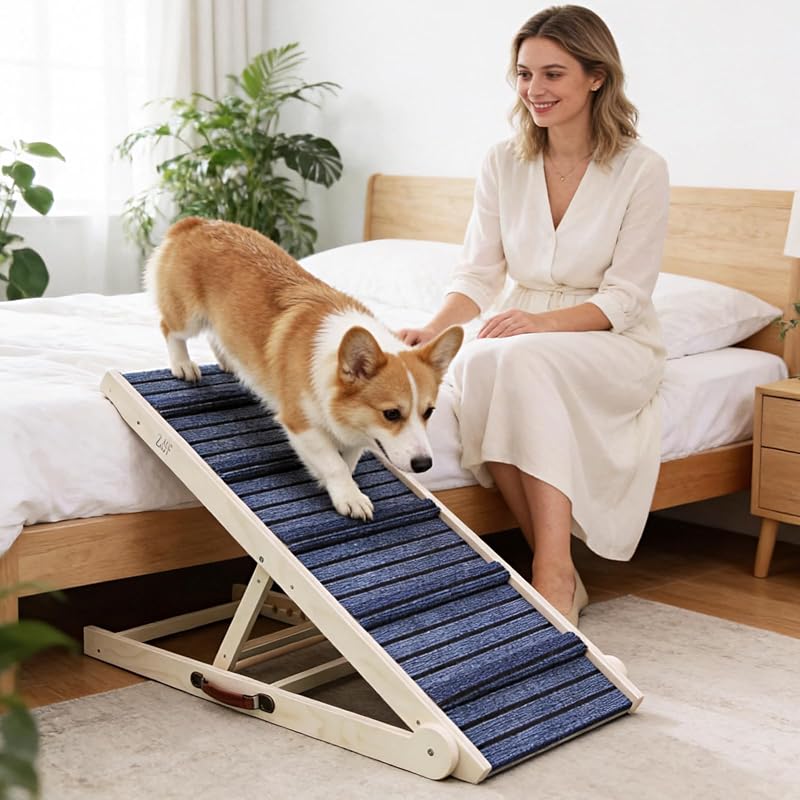 Rampa plegable para perros para cama alta, escaleras de madera para perros pequeños y grandes, plataforma de alta tracción con 6 alturas ajustables (12.2"-26"), 40" L, soporta hasta 180 libras