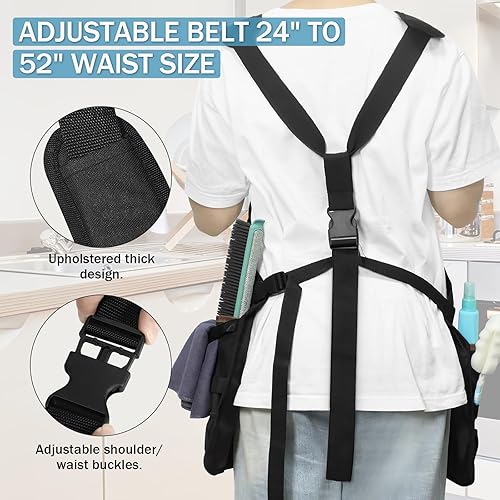 Miniatura 2 de Delantal de limpieza profesional con arnés de doble hombro y cinturón ajustable en la cintura, delantal grande de limpieza con 14 bolsillos para