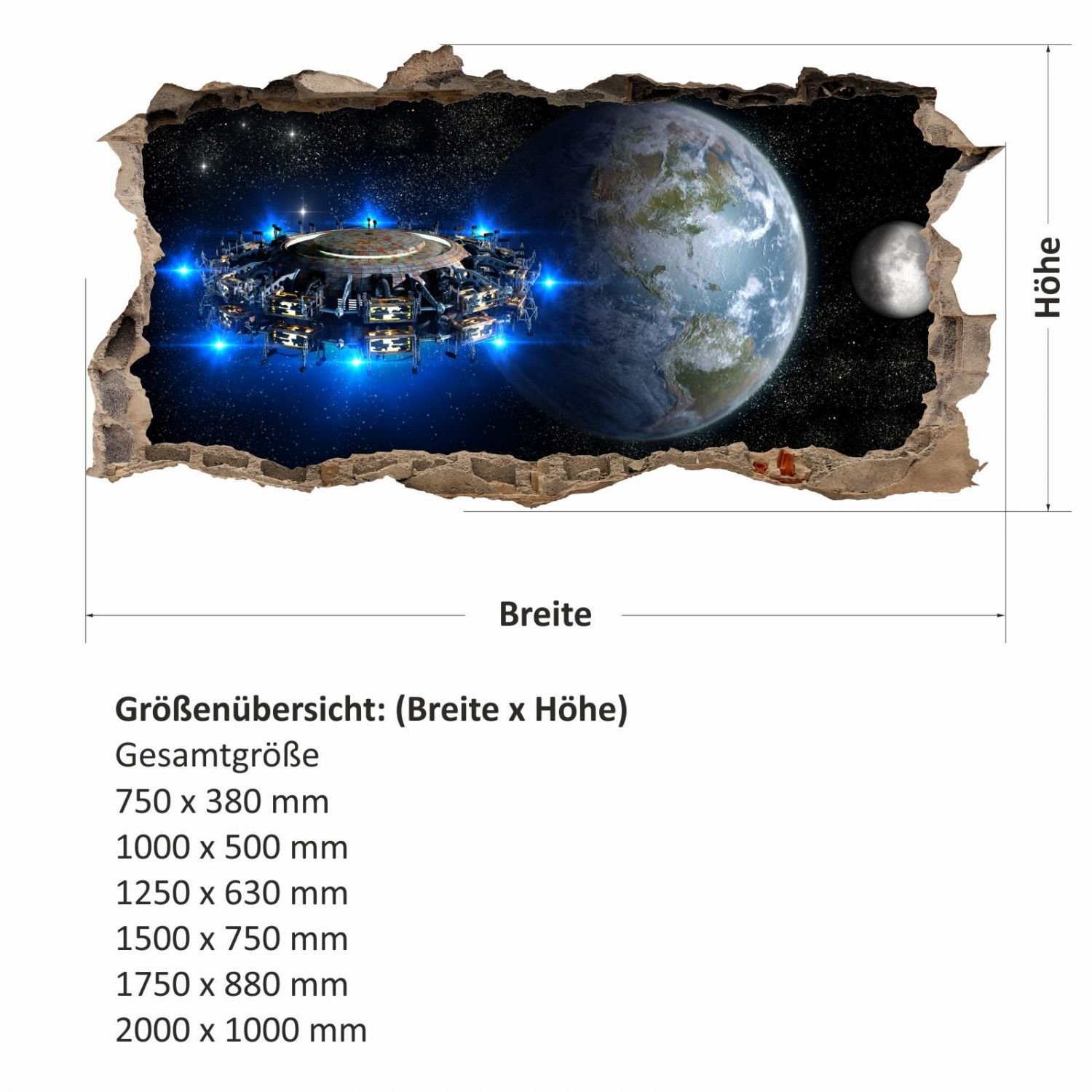 nikima – 067 Adesivo da parete con nave spaziale alieno – foro nella parete – Stazione spaziale del mondo galassia – in 6 misure – Adesivo da parete per cameretta bambini, Multicolore, 2000 x 1000 mm