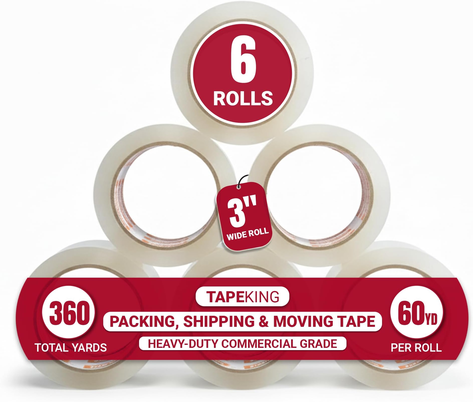 Tape King Clear Packing Tape | 60 Yards Per Roll (6 Rolls) | 3 Inch Wide Heavy Duty Packing Tape 2.7mil Strong Adhesive for Moving Boxes, Shipping Cartons, Office Use, Storage (360 Yards)