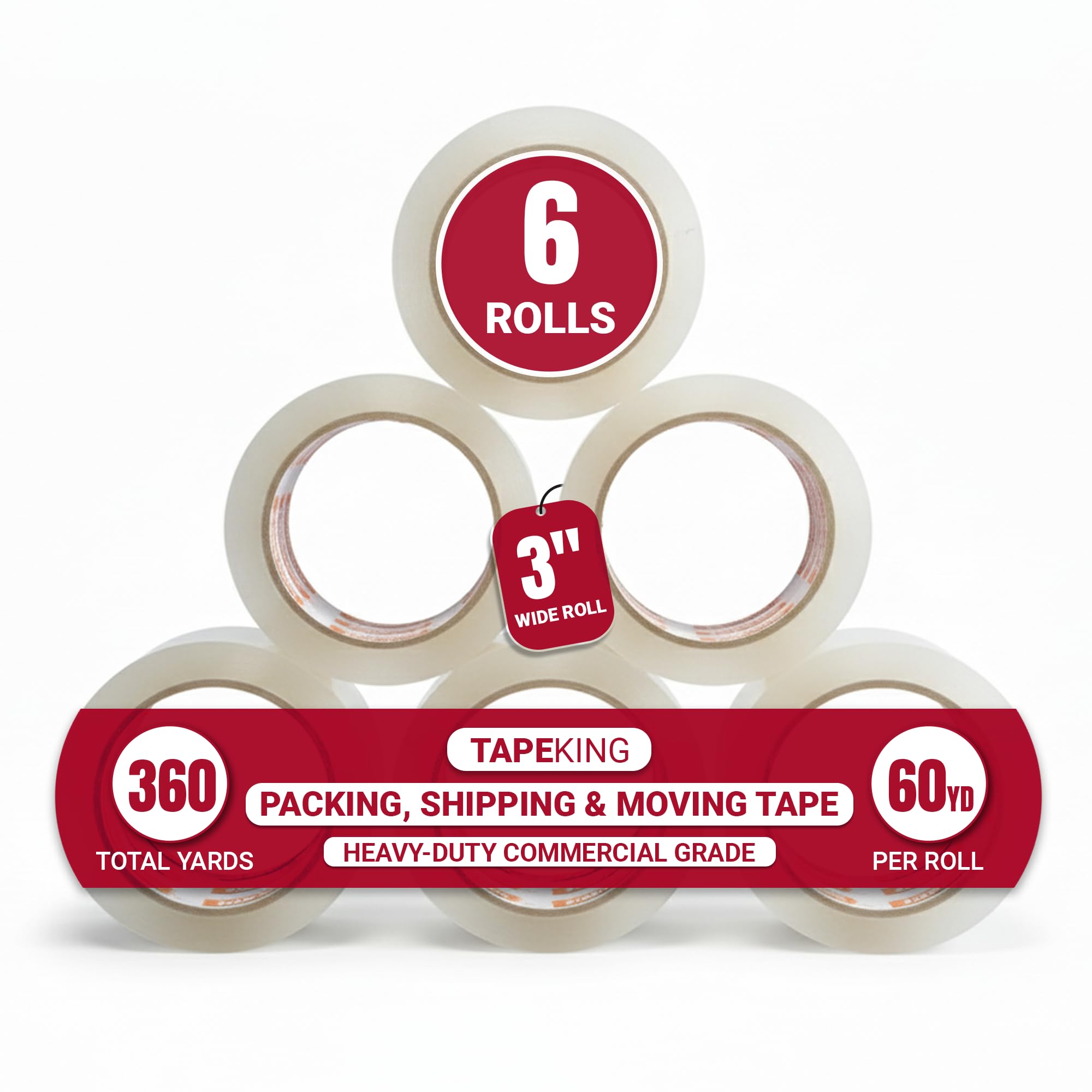 Tape King Clear Packing Tape | 60 Yards Per Roll (6 Rolls) | 3 Inch Wide Heavy Duty Packing Tape 2.7mil Strong Adhesive for Moving Boxes, Shipping Cartons, Office Use, Storage (360 Yards)