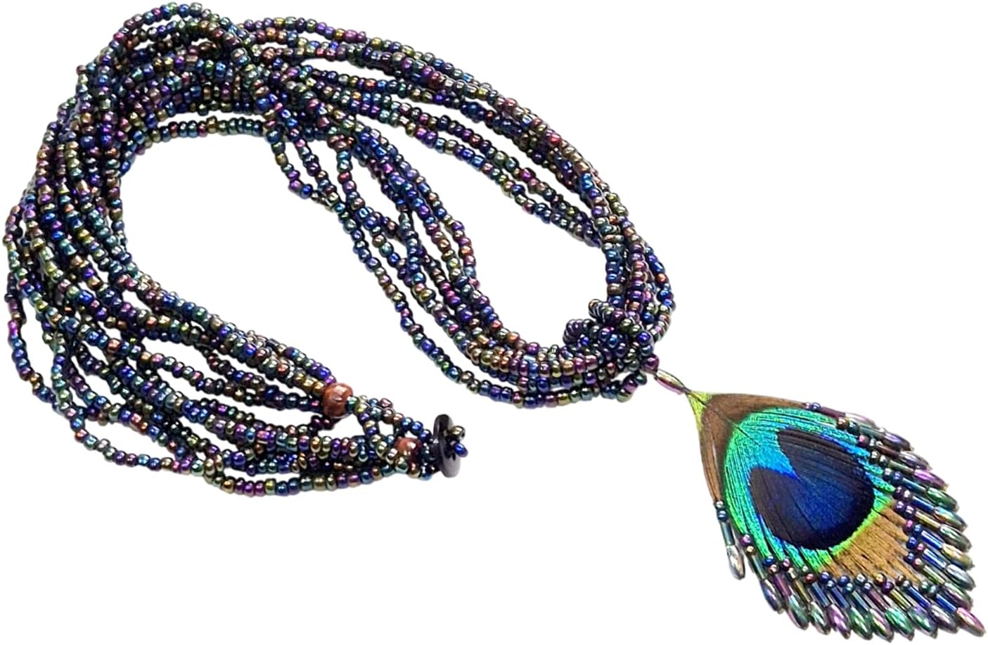 Iridescent Peacock Feather Necklace, Hand Beaded Rainbow Color Beads for Women, Handmade Pendant Jewelry FA009 - Image 7