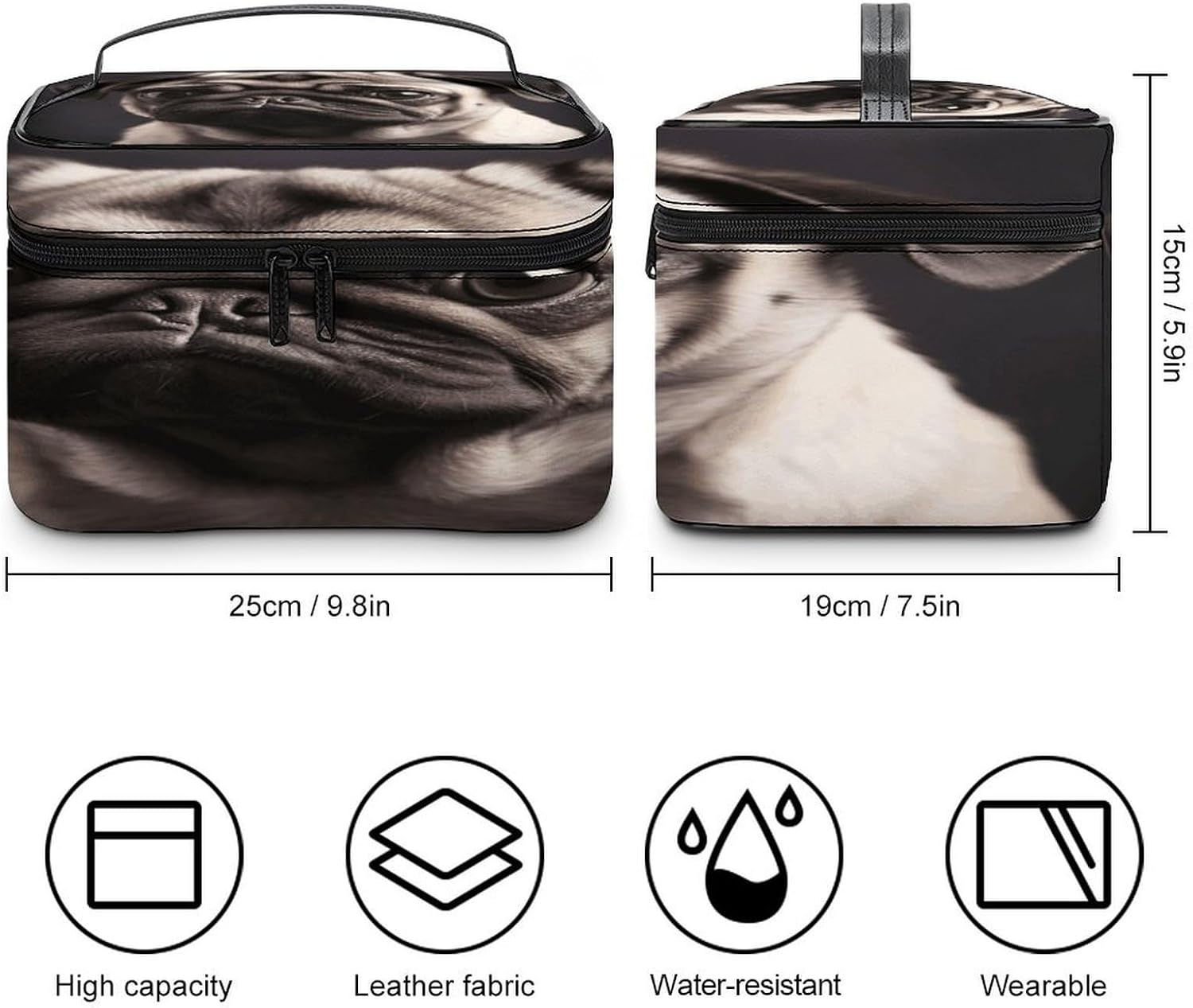 Pug Makeup Bag,Portable Large Capacity Travel Cosmetic Bag Adjustable Lightweight Hand-held Makeup Box for Women Daily Use image 2
