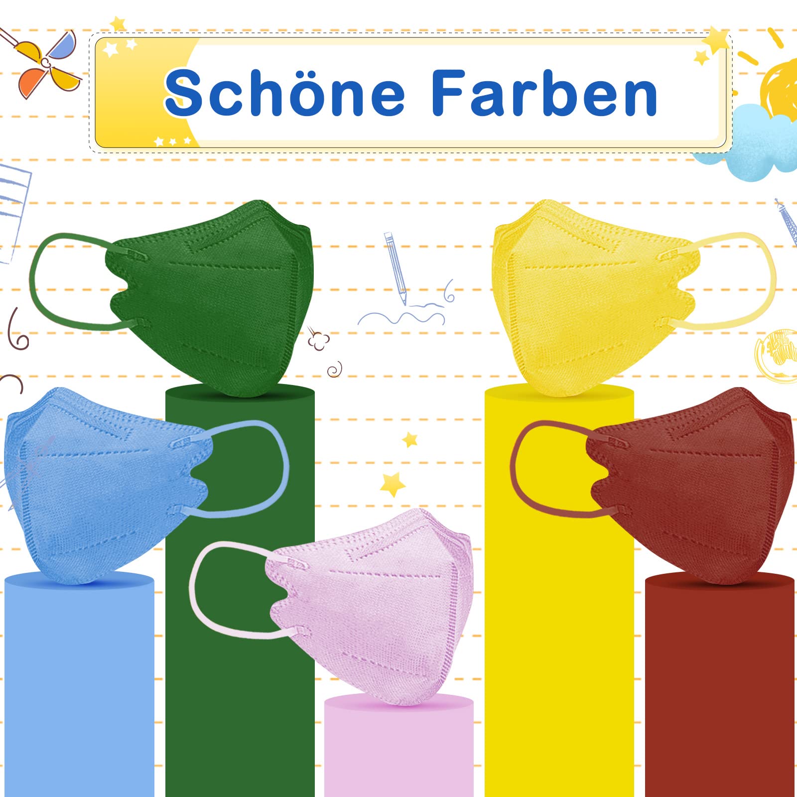 FFP2 Masken Bunt Kleine Größe, Mundschutzmasken Farbig Einzeln Verpackt, Komfortable Sitzende Schutzmasken, 5 Filterlagen Faltbar Staubmaske für Kleine Gesichter 20 Stück