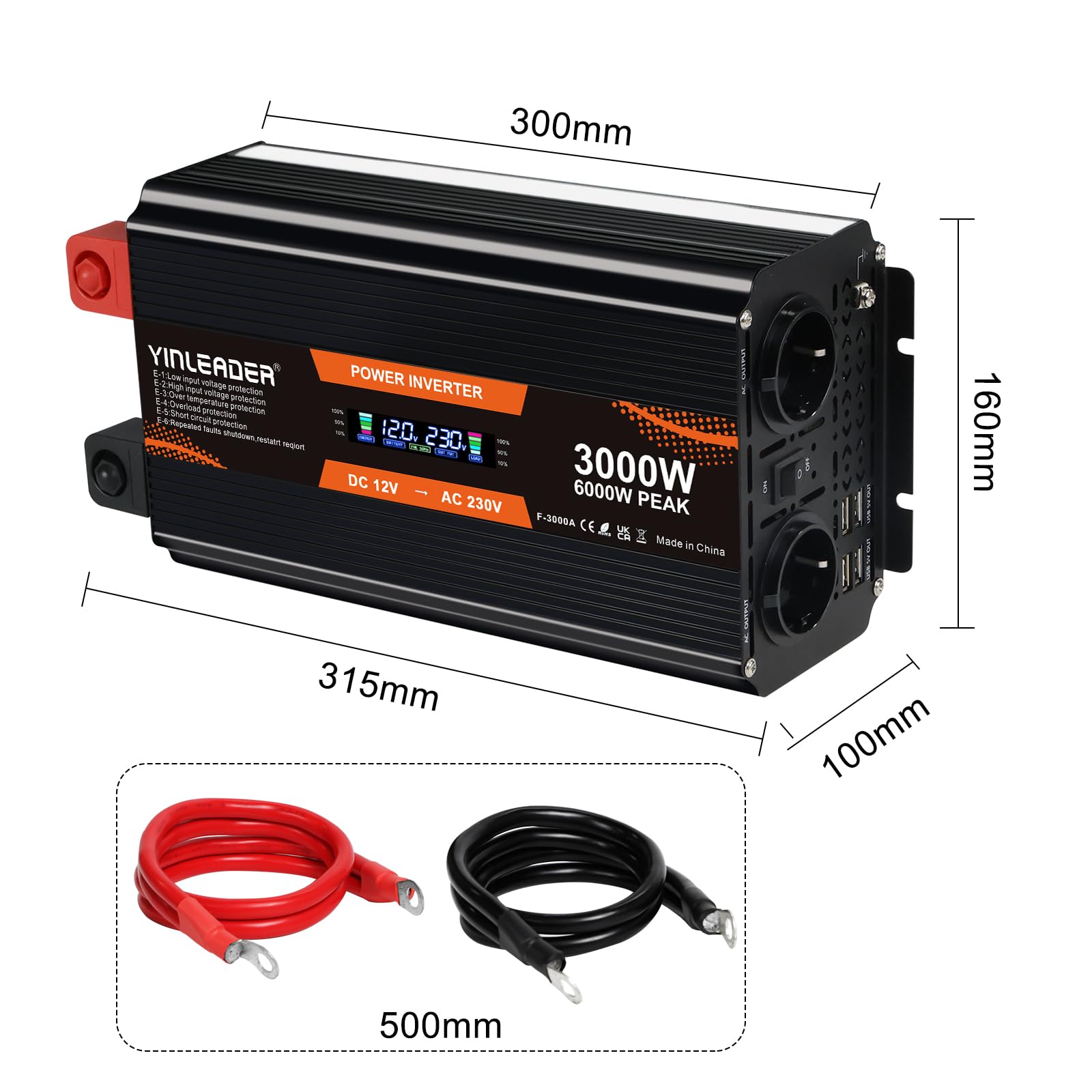 Yinleader 3000W /6000W Wechselrichter 12V auf 230V Spannungswandler mit LCD Display 2 EU Steckdosen 4 USB mit drahtloser Fernbedienung für Auto Camping Wohnmobil LKW Solaranlage