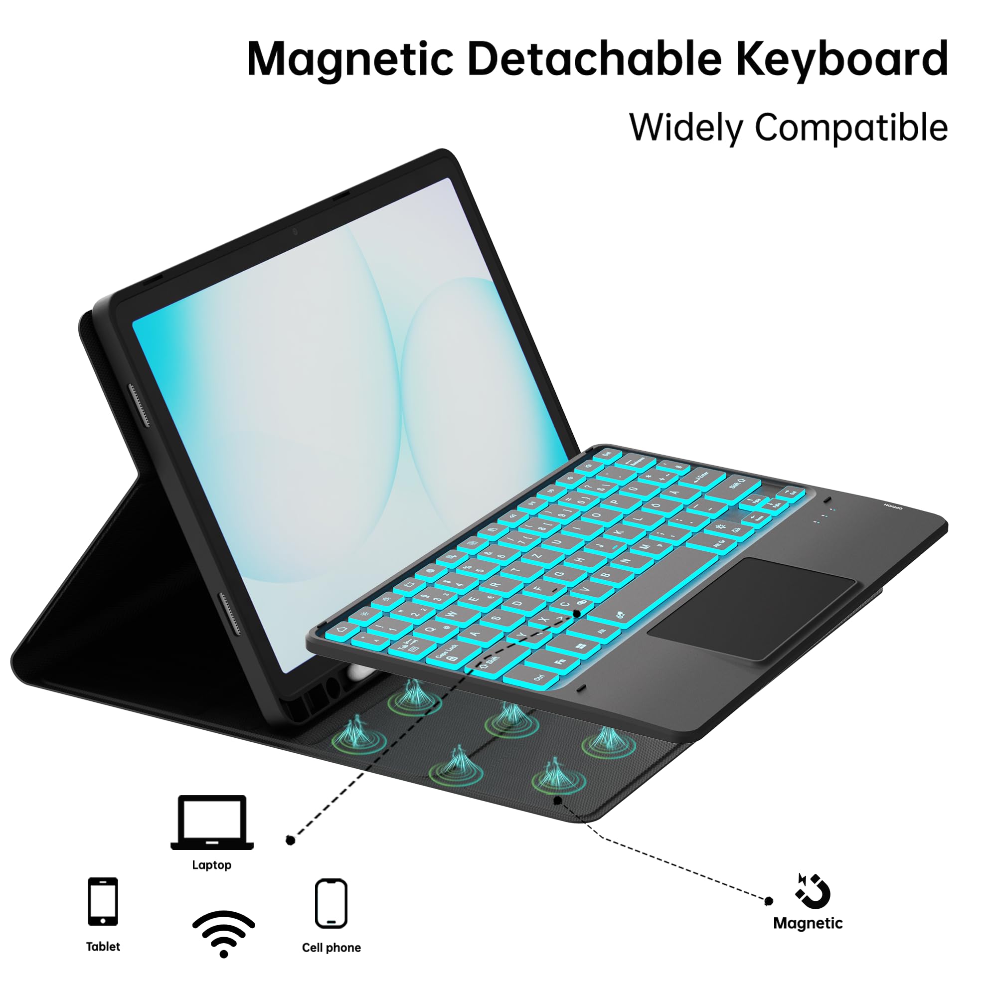 ROOFEI Für Galaxy Tab A11+/A9+ Hülle mit Tastatur Deutsches QWERTZ Layout | 7 Farben Beleuchtung | Magnetische Abnehmbare Trackpad Tablet Cover | Beleuchtete Tastatur für Tab A9 Plus/A11 Plus 11"