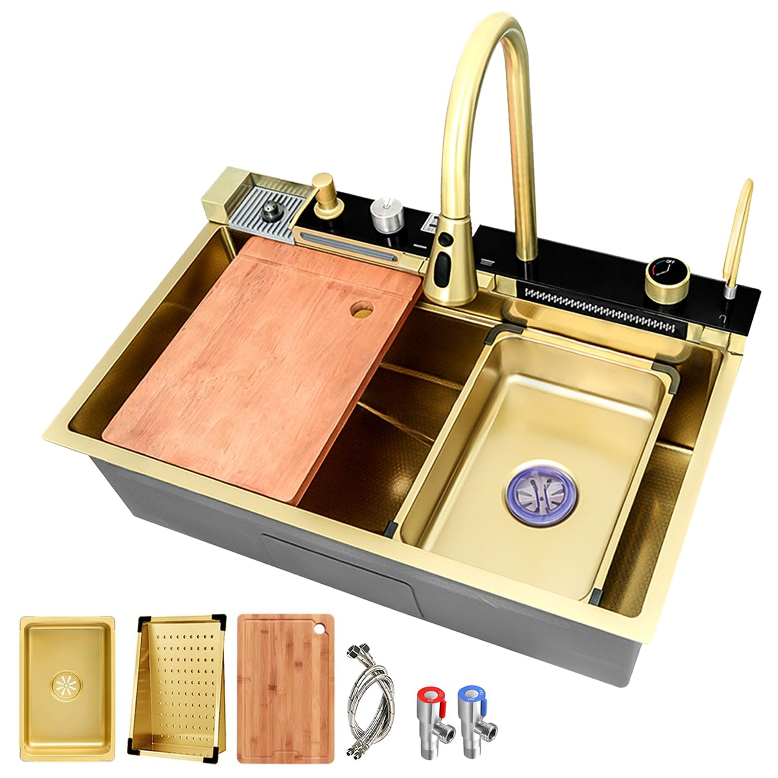 ZQFHSX 75 x 46 cm Golden Waterfall Kitchen Sink, with Tap Combination, Multifunctional Single Bowl Bar Intelligent Stainless Steel Workstation Cup Rinser, Drain