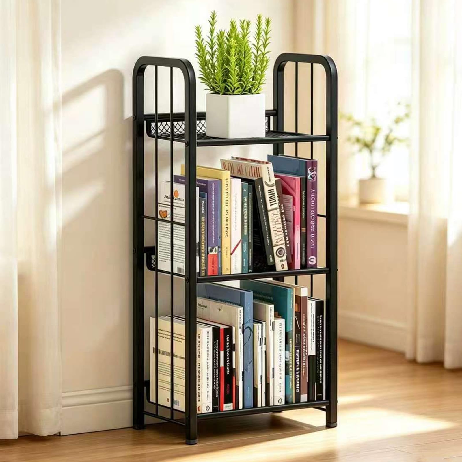 Photo 1 of Azheruol Bookshelf Storage Shelf Bookcase Freestanding Storage Stand for Living Room, Bedroom, Kitchen, Rust Resistance, Easy Assemblyl Free Combination Multi-Functional Organizer (3 Tiers, Black)