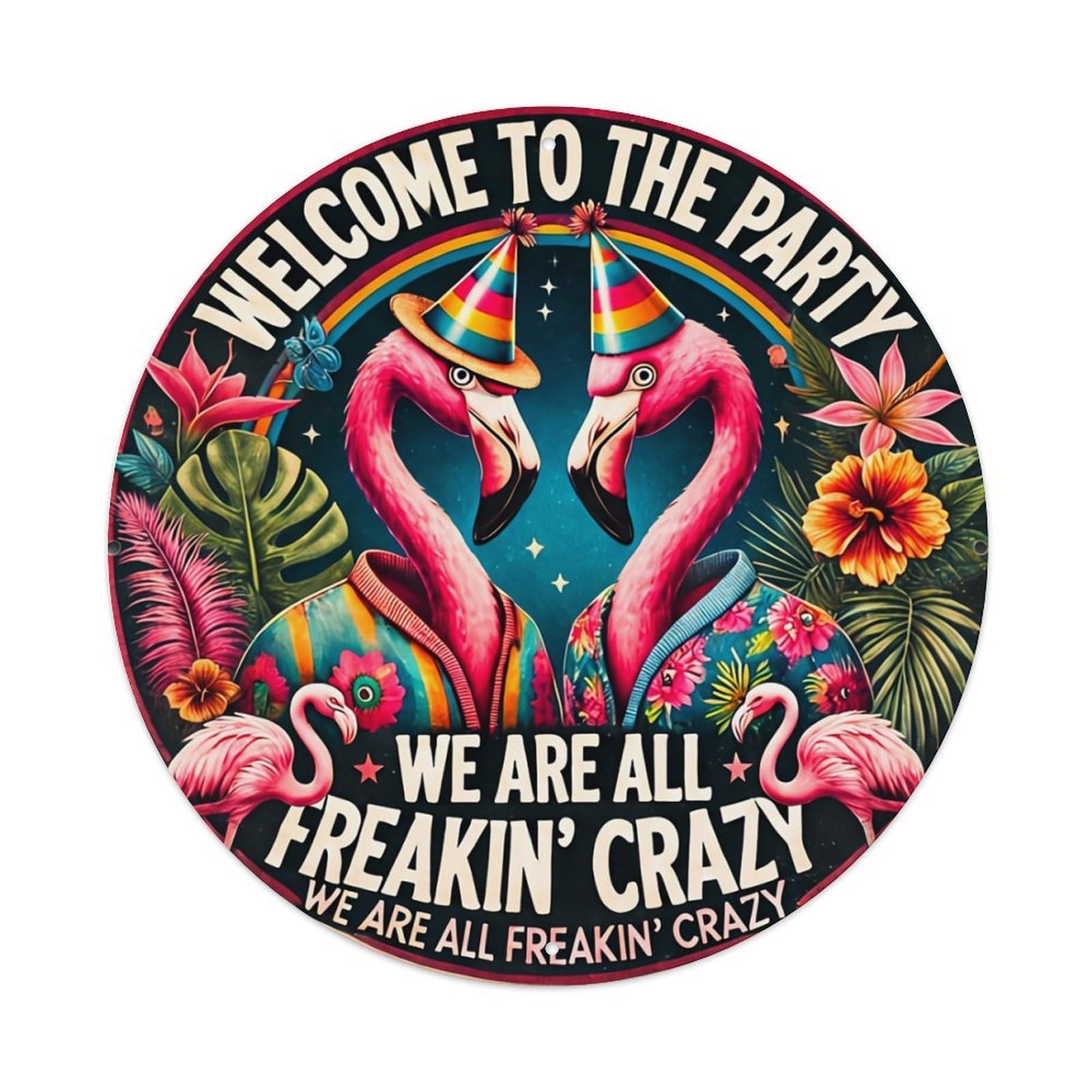Flamingo Party Tropical Fun Pattern Vintage Round Tin Sign Retro Metal Wall Decor Metal Poster, Home Bar Garage Cafe Wall Art Decoration 8x8Inches